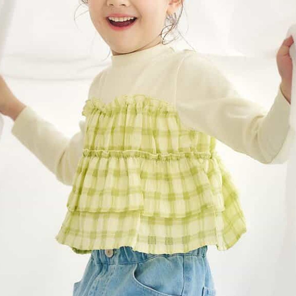 時尚拼接皺摺格紋長袖上衣-奶油x果綠