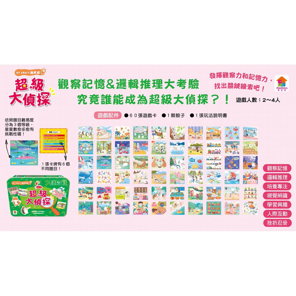 go smart趣桌遊：超級大偵探-含:60張遊戲卡牌+1顆骰子+1張玩法說明書