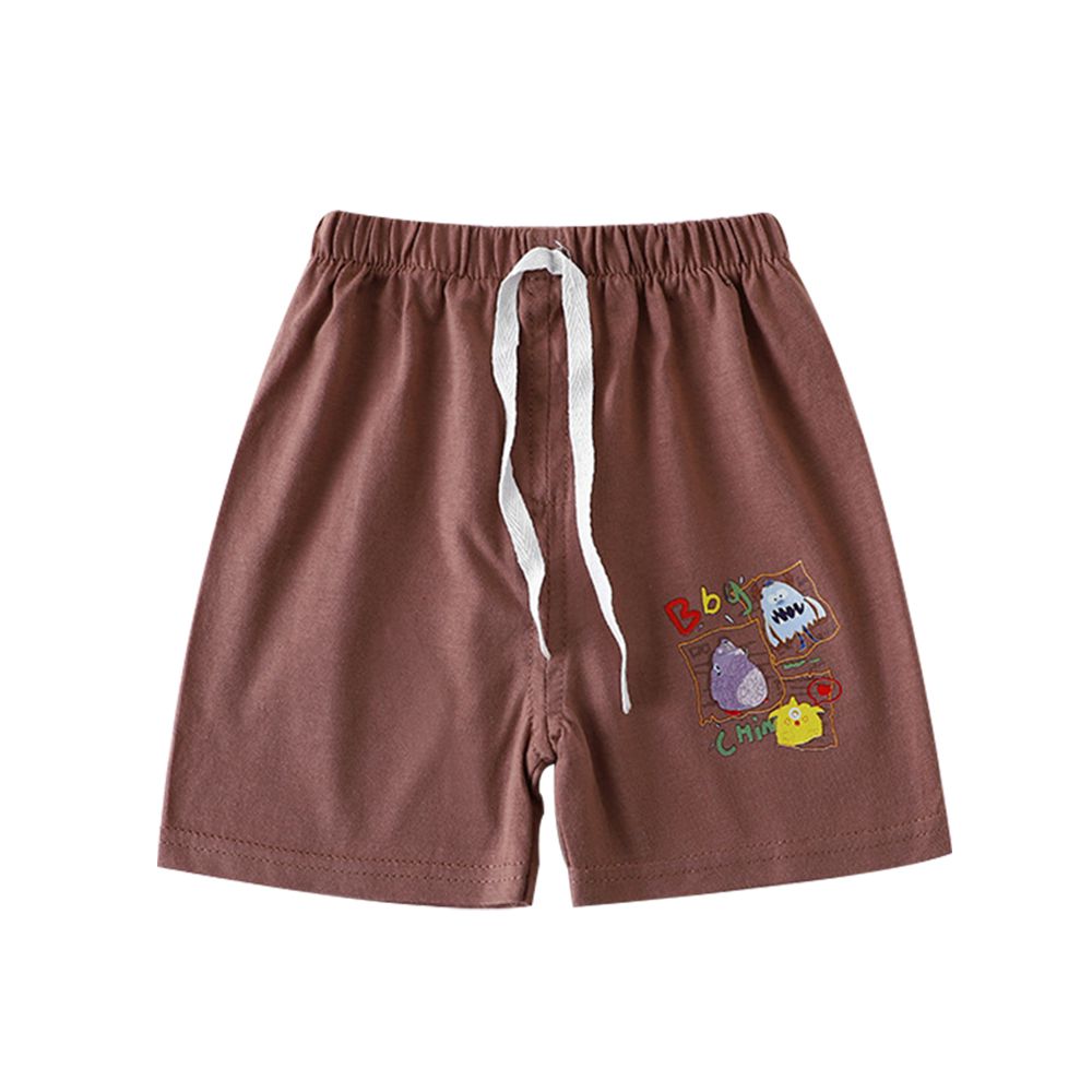 純棉短褲 兒童短褲 褲子可開檔換尿布-素色-棕底怪獸