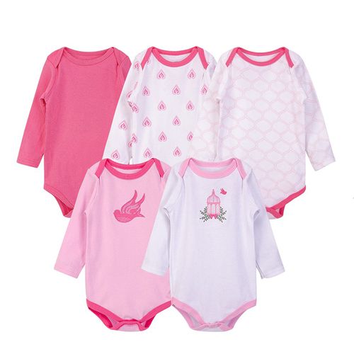 甜蜜寶貝嬰幼兒100%純棉長袖包屁衣5件組-粉鳥飛翔