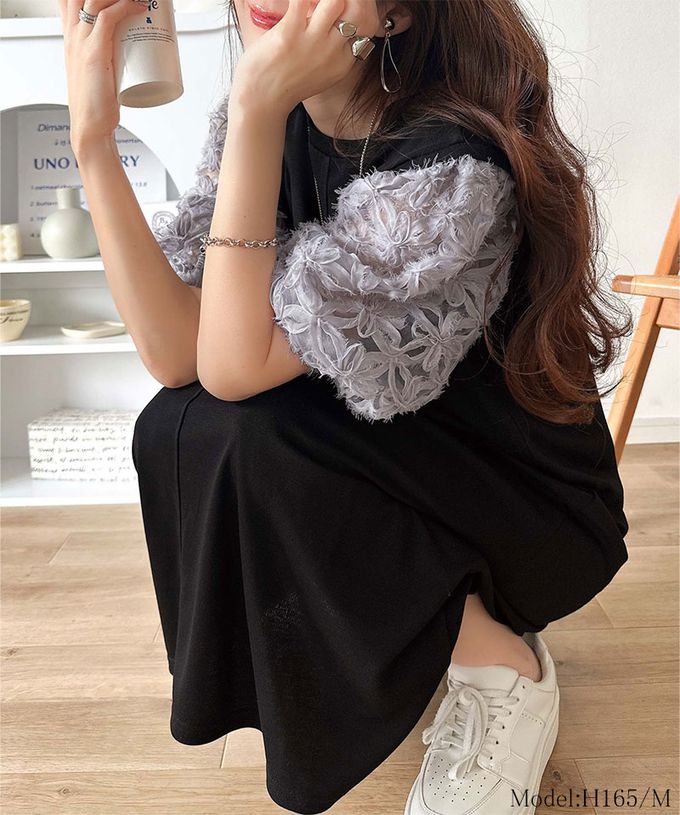 日本 Classical Elf - 夢幻薄紗緹花泡泡袖洋裝-黑