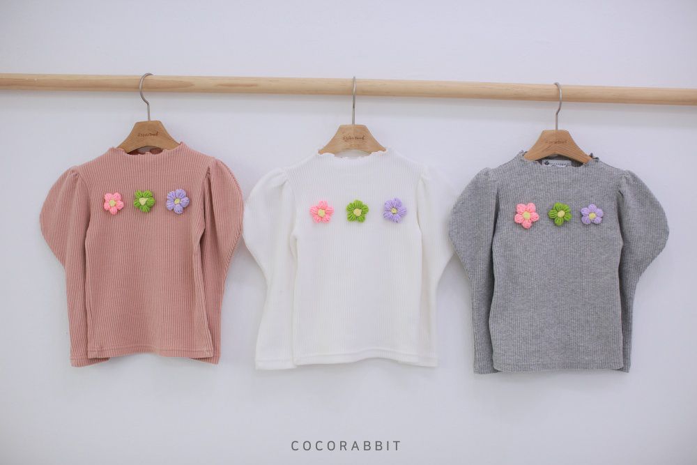 韓國 Coco rabbit - 立體花花卷卷領公主袖針織T-灰