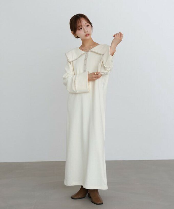 日本 Bab - 滾邊個性大翻領休閒長袖洋裝-象牙