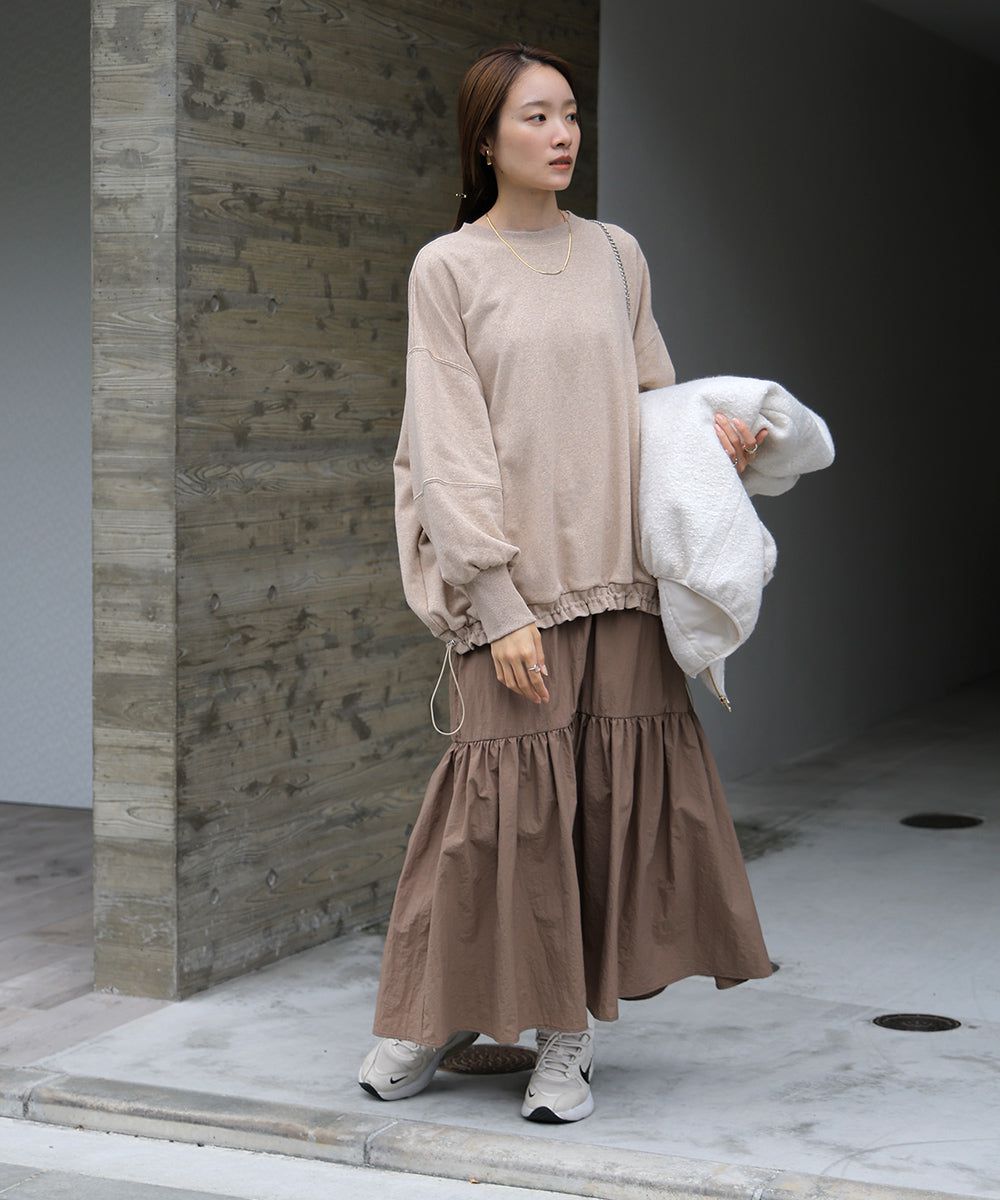 日本 Bab - 假二件拼接休閒束口長袖洋裝-咖棕系