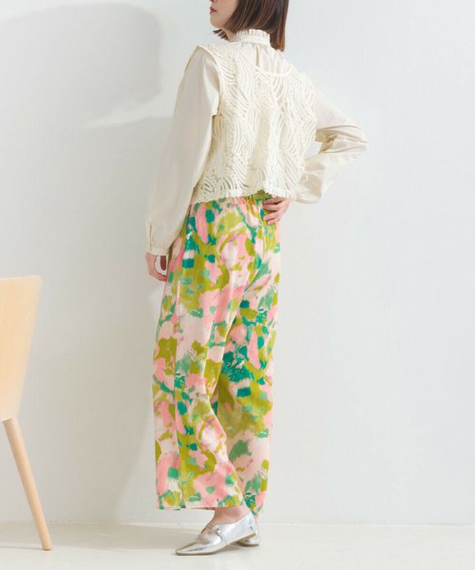 日本 le colis - [人氣款]柔和季節感印花輕盈寬褲-暈染-粉紅x綠