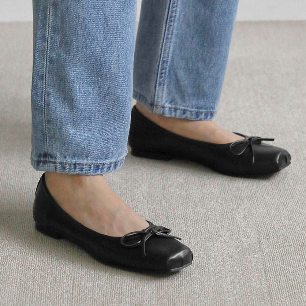 溫柔蝴蝶結裝飾皺摺感方頭鞋-黑