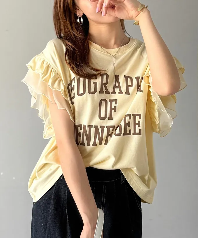 日本 Classical Elf - mily bilet 可愛學院風雙層荷葉短袖上衣-淺黃