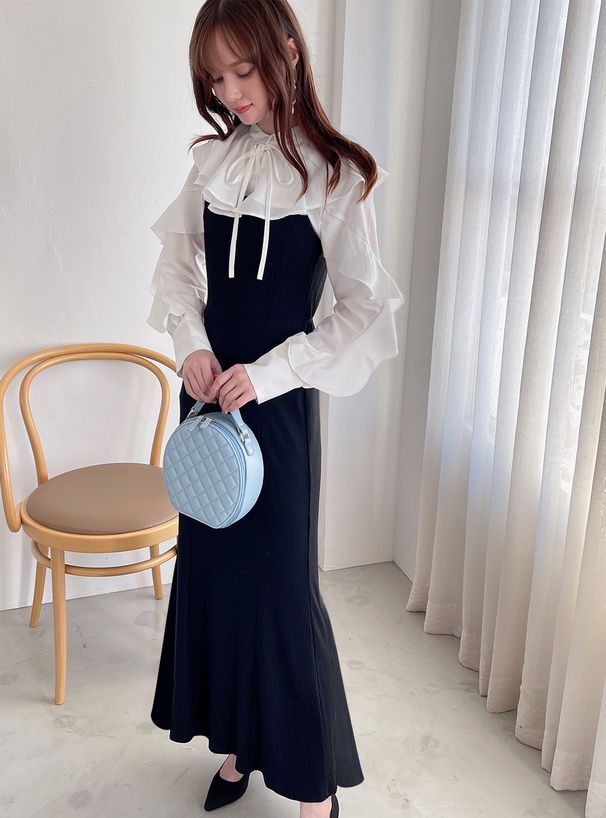 日本 GRL - 浪漫無敵荷葉邊拼接洋裝-白x黑