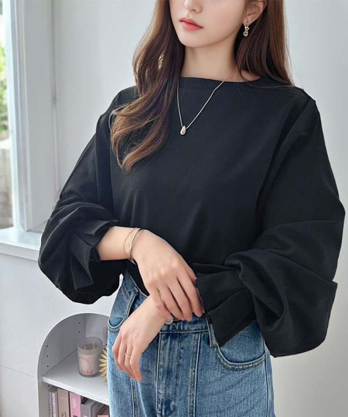 日本 Classical Elf - 100%棉 船領顯瘦糖果袖上衣-摩卡棕