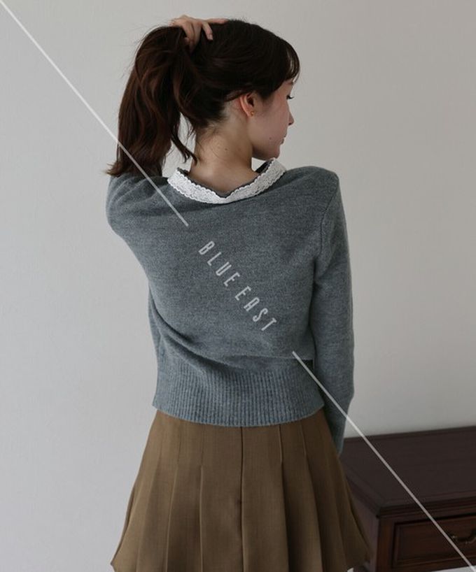 日本 BLUE EAST - 少女爛漫蕾絲蝴蝶結開襟衫-灰