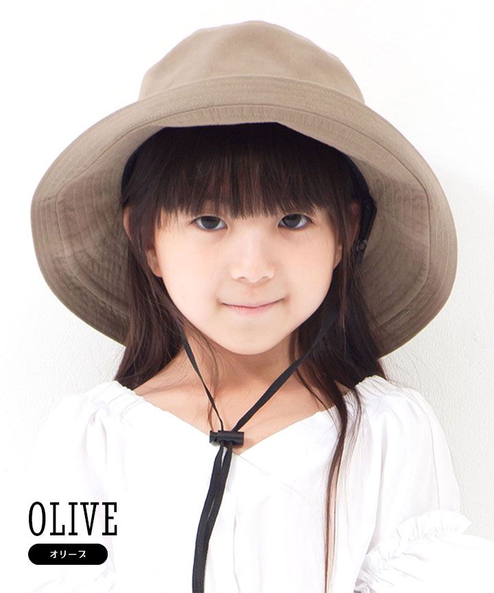 日本 irodori - 【irodori】抗UV可捲收遮陽帽(附防風帽帶)-兒童款-橄欖綠 (54cm)-純棉