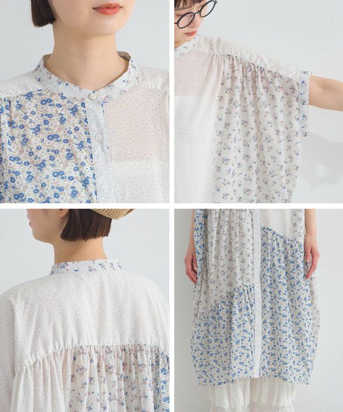 日本 Lupilien - 純棉巴里紗花朵拼布襯衫式洋裝-藍白