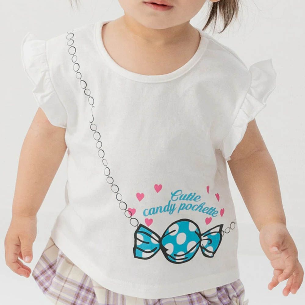 100%棉 荷葉邊女孩印花短袖上衣-糖果包包-白