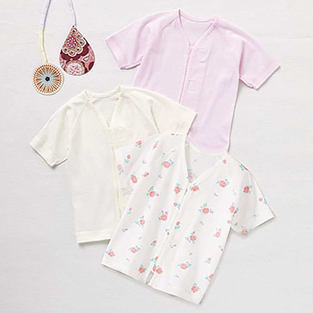 日本 Combi - mini系列-純棉肚衣3件組(黏貼式,7分袖)-白色*1 粉色*1 小花*1 (60-70)