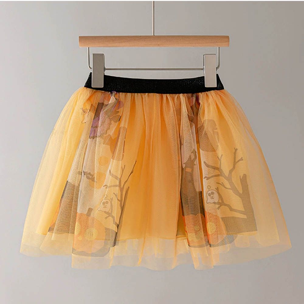 腰鬆緊網紗短裙-萬聖節印花-南瓜橘