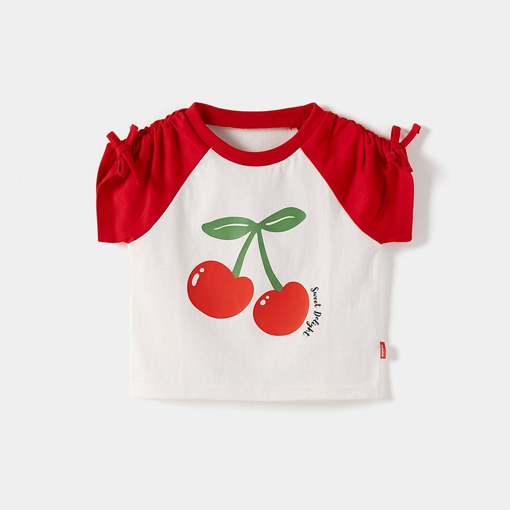 鮮甜櫻桃圖案抽繩短袖上衣-米白X紅