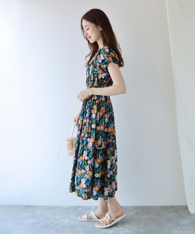 日本 BLUE EAST - 絕美平口縮腰泡泡袖洋裝-碎花-藍