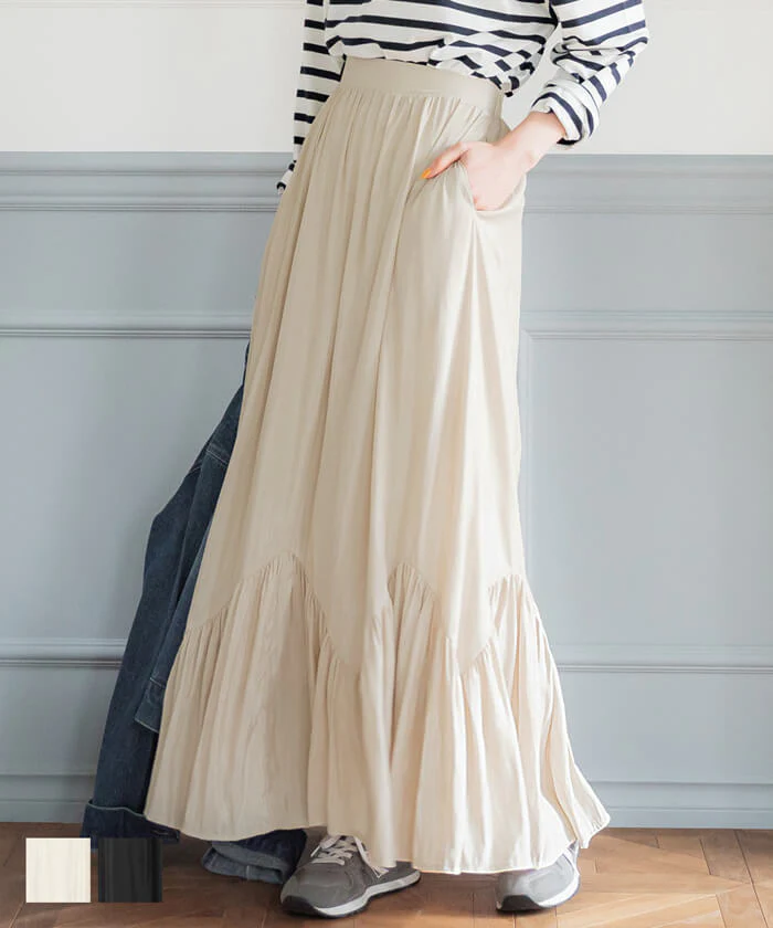 日本 COCA - 波浪裙擺修身長裙-米白