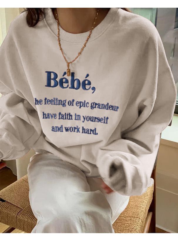 日本 GRL - 百搭圓領LOGO刺繡大學T-Bebe-灰藍 (F)