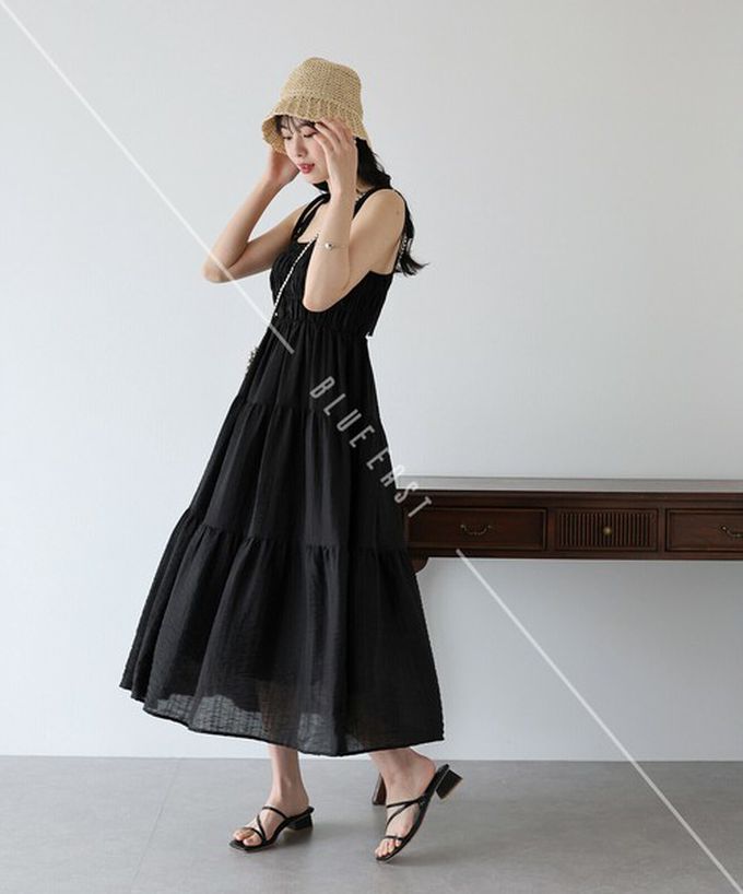 日本 BLUE EAST - 清爽透膚感皺摺綁帶分層洋裝-灰