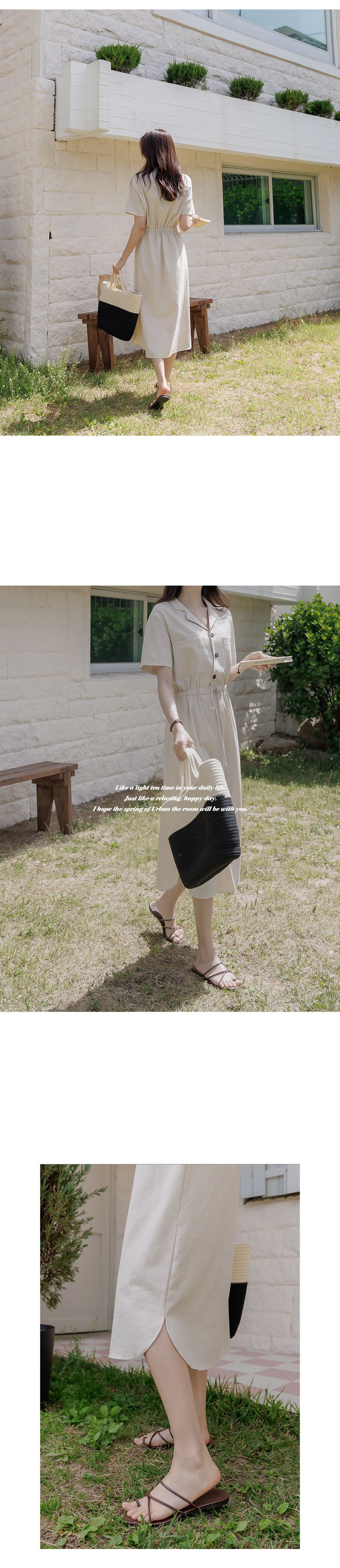 韓國 Urbantheroom - 氣質麻料小翻領縮腰洋裝-杏 (Free)