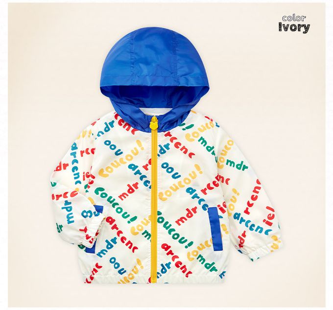 韓國 mollimelli - 彩色文字印花連帽縮口外套-白X藍