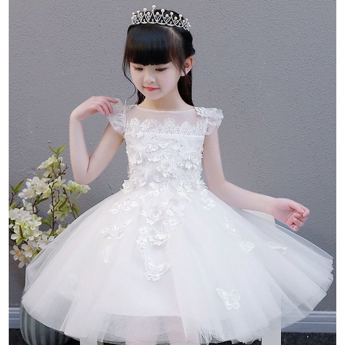 畢業典禮立體繡花蓬蓬白紗小禮服 (送小皇冠髮箍）