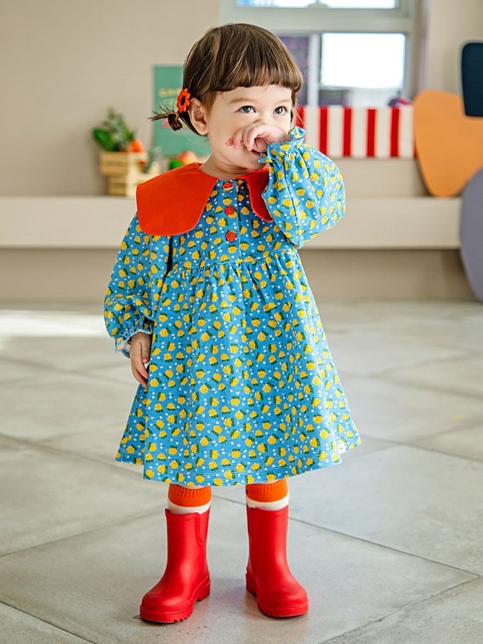 韓國 Pimpollo - 滿版花紋撞色翻領連身洋裝-藍