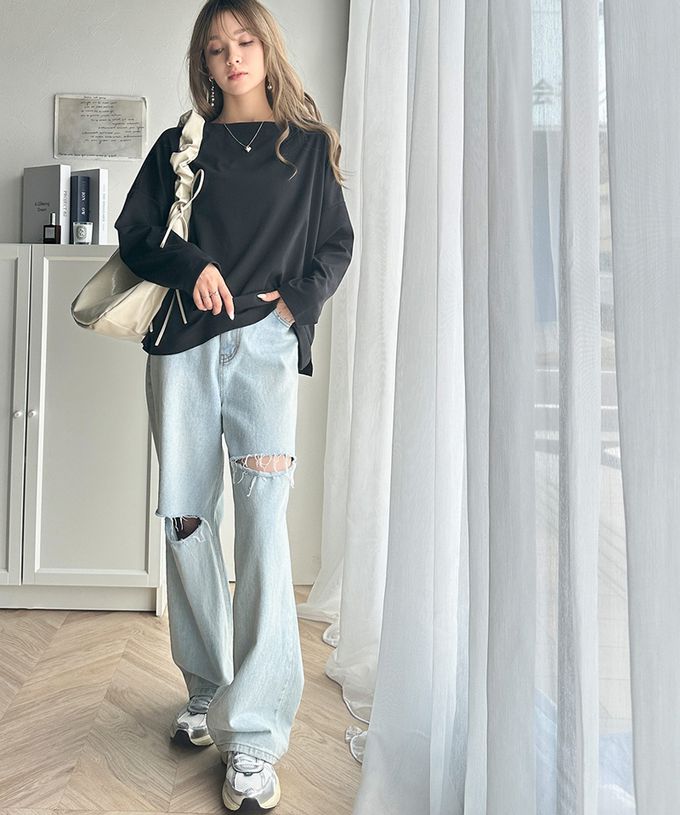 日本 Classical Elf - 一字領寬鬆落肩長袖T恤-炭灰