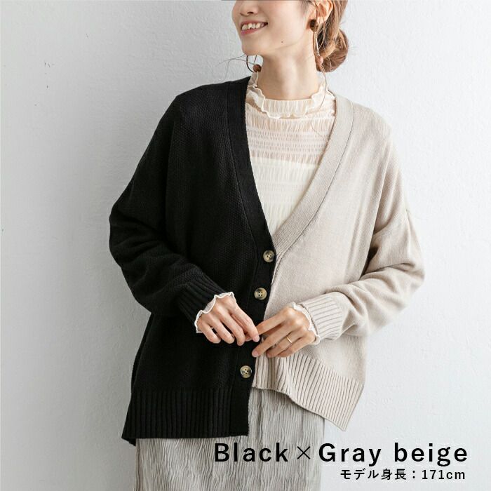 日本 ihuu - V領不對稱撞色薄針織外套-深灰x黑