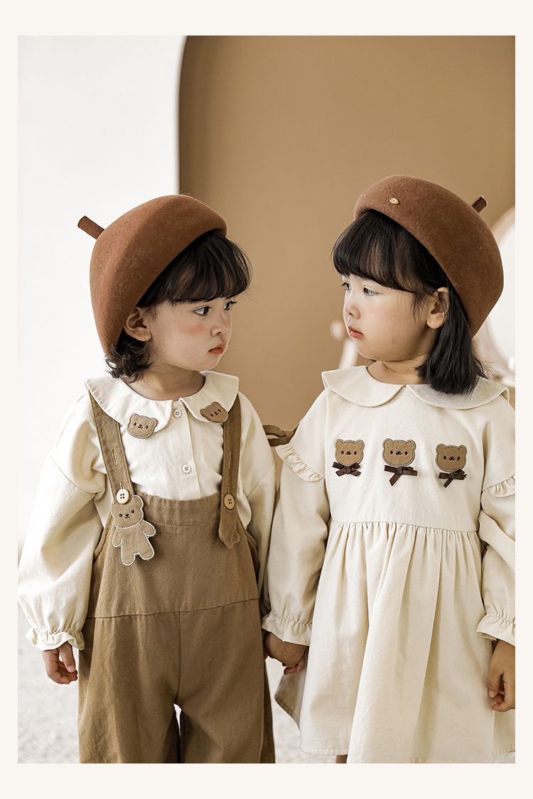 娃娃領公主袖長袖上衣-熊熊-淺杏色