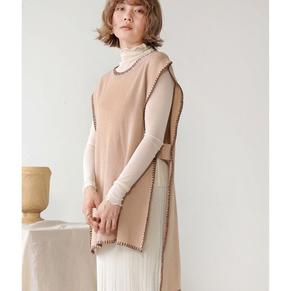 日本 Bou Jeloud - 縫線撞色設計長版針織背心-杏