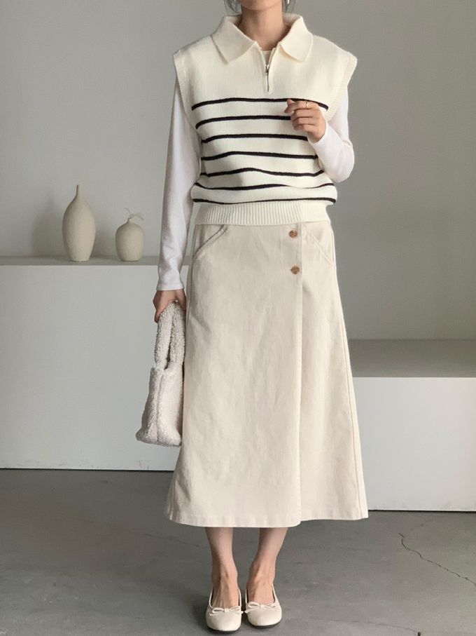 韓國女裝連線 - 拉鍊翻領條紋針織背心-米白 (FREE)