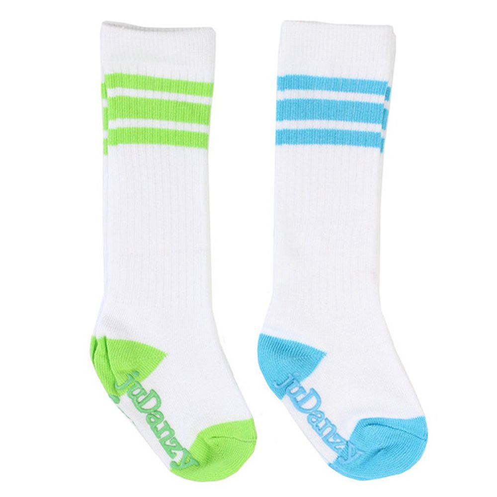 美國 juDanzy - 長襪兩入組-純白/藍綠條紋