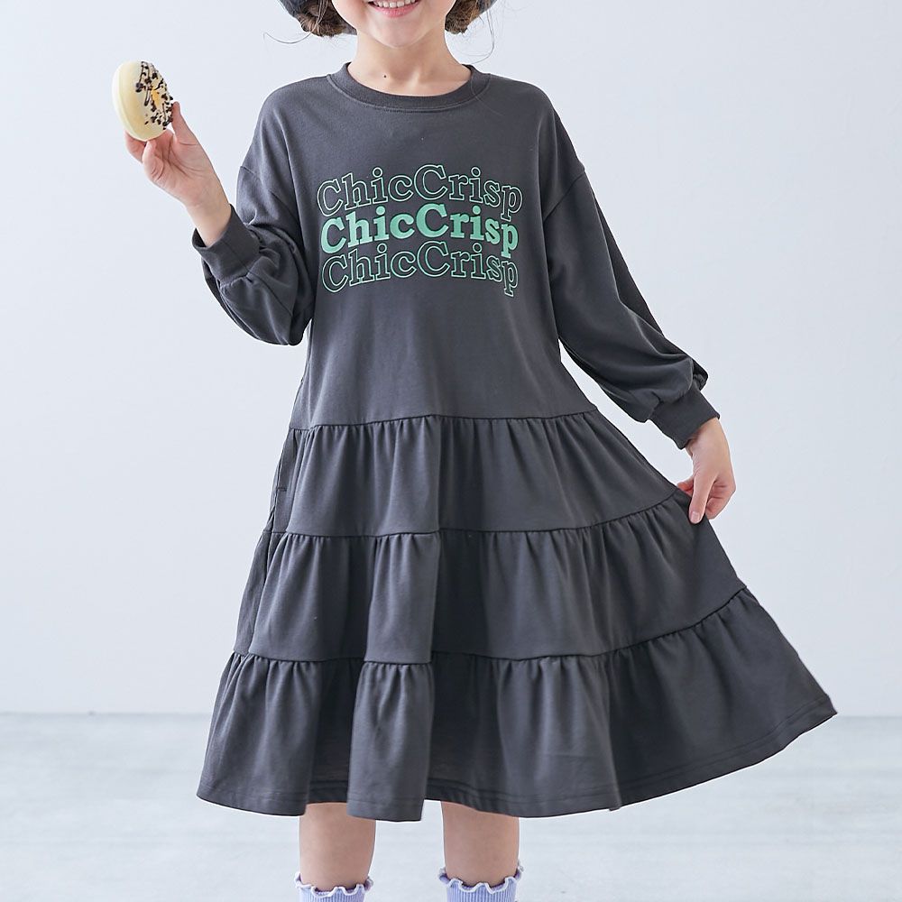 簡約英文logo分層飄逸長袖洋裝-炭灰