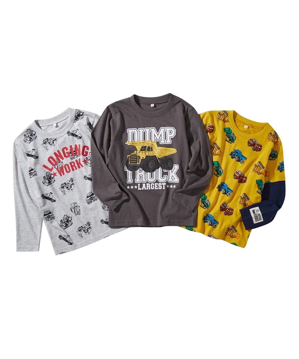 日本 Nissen - 純棉印花長T 超值三件組-汽車-燕麥/深灰/黃