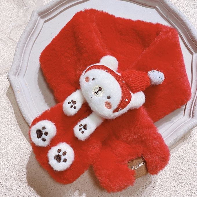 Love, Charlotte - 聖誕北極熊仿兔毛圍巾-兒童圍巾-紅色 (70 x 10 cm)