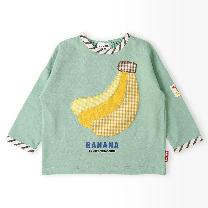 日本 ZOOLAND - 水果樂園 格紋緹花長袖上衣-香蕉-薄荷綠