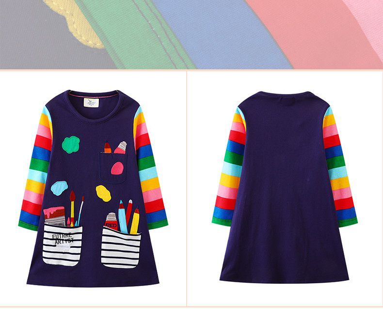 Jumping meters - 棉質圓領長袖連身洋裝-繽紛畫筆世界-深藍色