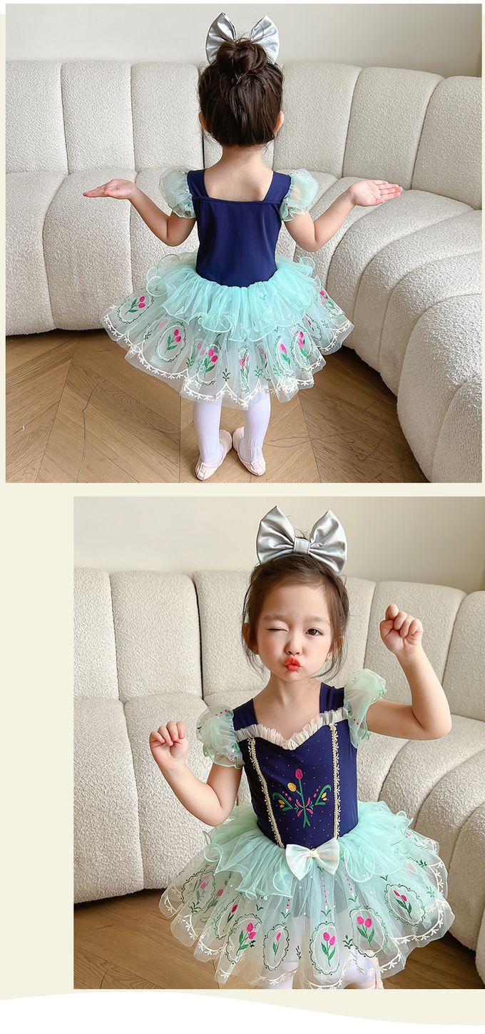 短袖造型公主裙/芭蕾舞裙-卡通人物-安娜-藍+綠