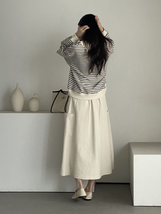 韓國女裝連線 - 假兩件細條紋長袖大學T-米X黑 (FREE)