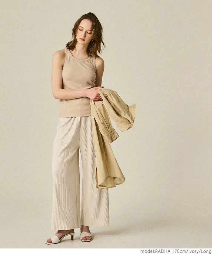 日本 COCA - [可剪裁] 速乾垂墜彈性風琴寬褲-淺灰棕