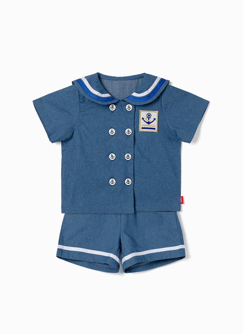 韓國 OZKIZ - 丹寧水手翻領排釦套裝-丹寧藍