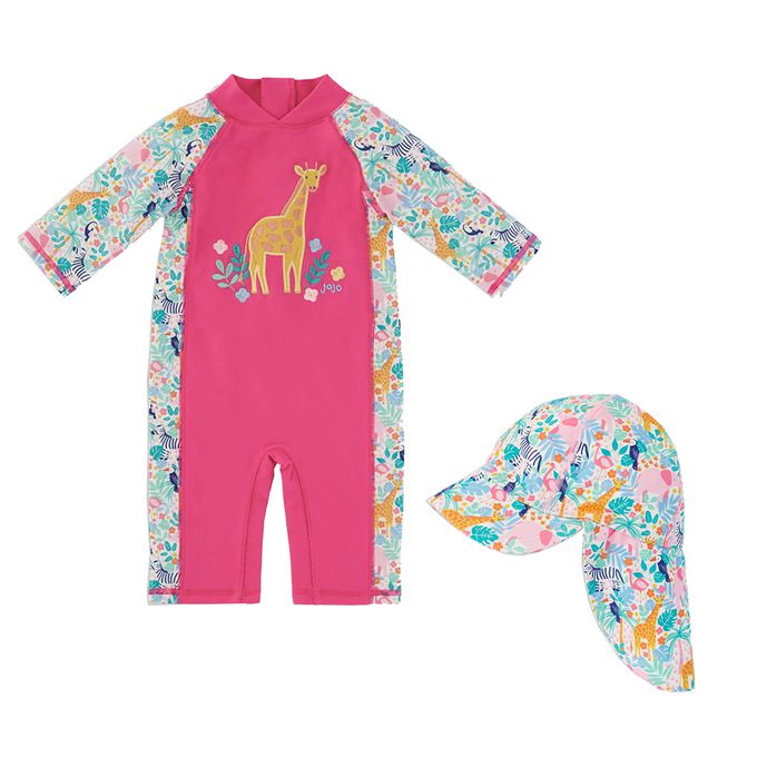 英國 JoJo Maman BeBe - 連身式泳裝+防曬護頸遮陽帽-甜美長頸鹿_JJH1330+七彩花園_JJH1334