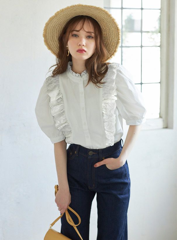 日本 GRL - 古典雕花蕾絲五分袖襯衫上衣-天使白