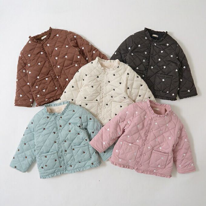 日本 Lycee mine - 滿版愛心荷葉皺褶內刷毛鋪棉外套-米白