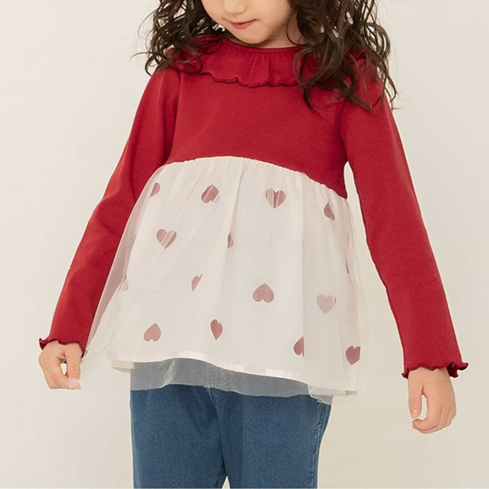 浪漫荷葉領薄紗拼接長袖上衣-愛心-紅