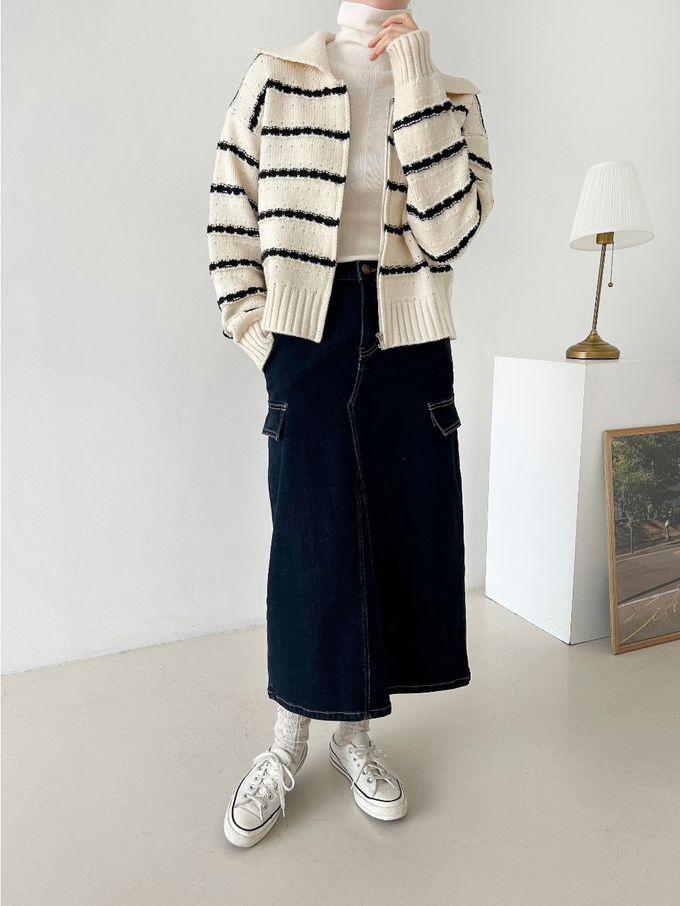 韓國女裝連線 - 勾線條紋針織翻領外套-黑底X米白 (FREE)