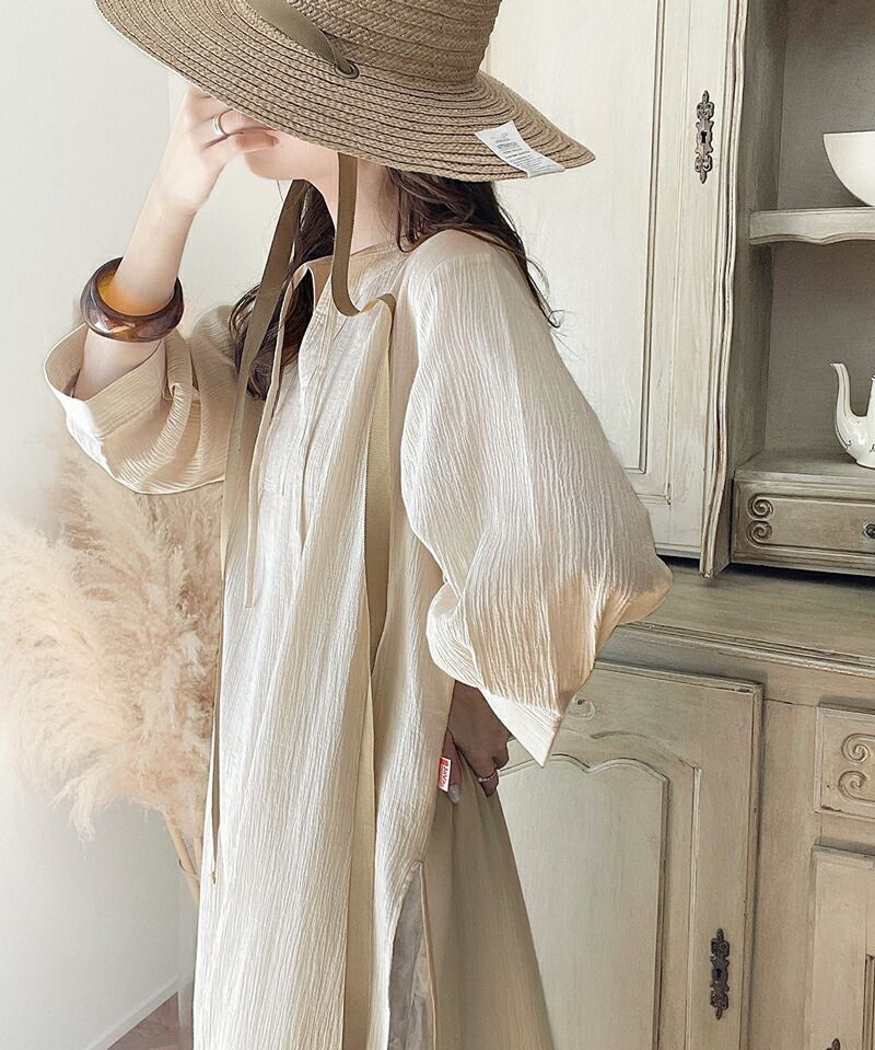 日本 Classical Elf - 透氣楊柳慵懶感開襟長袖洋裝-灰藍