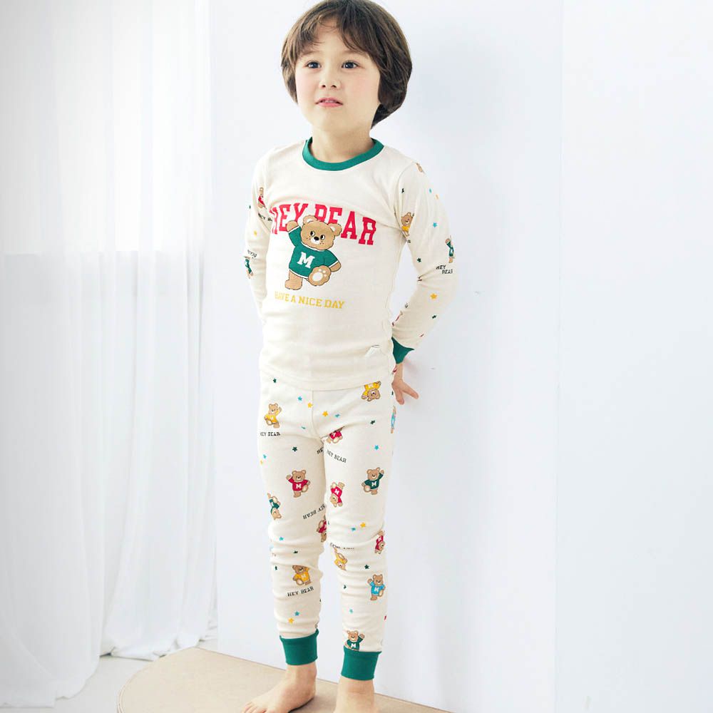 細緻柔棉彈性長袖家居服-哈囉彩色熊熊-米